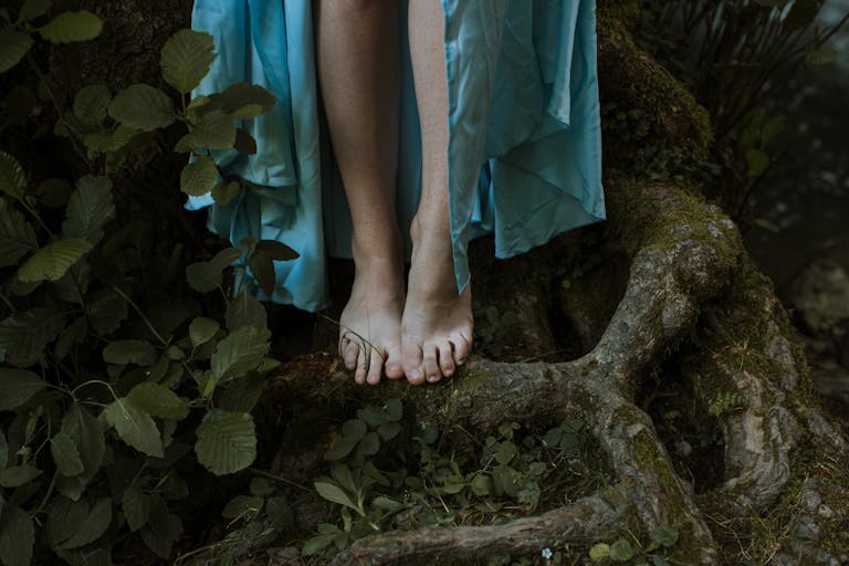 Close-up of bare feet standing on tree roots surrounded by green leaves.